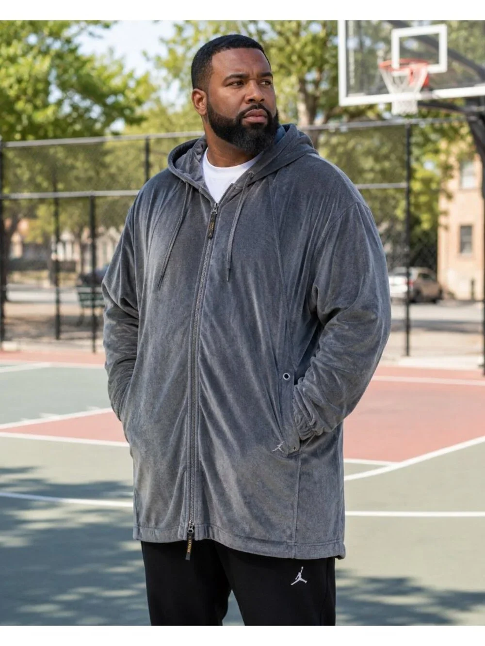 Jordan Mens 3XL Gray Velour Full Zip Longline Hooded Jacket Midweight NWOT